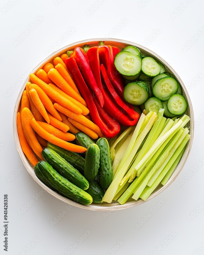 Wall mural A flat lay of a round container filled with freshly cut raw vegetables like bell peppers, cucumbers, and carrots, isolated on white, more clarity with clear light and sharp focus, high detailed