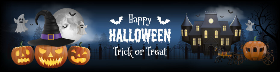 halloween banner with pumpkins, pumpkin shaped carriage and haunted house	