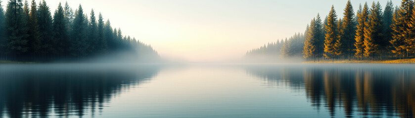Fototapeta premium Serene morning lake view with fog gently lifting, surrounded by tall evergreen forest, reflecting calm waters under a golden sunrise sky.