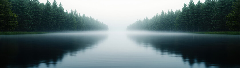 Fototapeta premium A serene lake surrounded by a dense forest, enveloped in mist, creating a tranquil and peaceful atmosphere in the early morning.