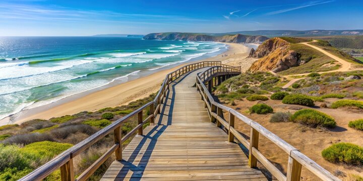 Wooden walkway leading to a scenic viewpoint overlooking Praia da Bordeira in the Algarve , Praia da Bordeira, Algarve
