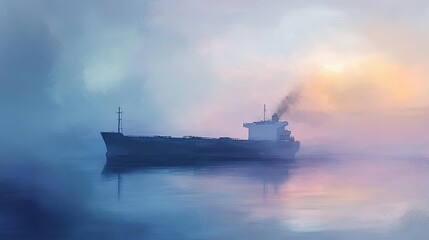 Obraz premium A cargo ship sails through foggy waters at dawn, surrounded by serene pastel colors reflecting off the calm sea