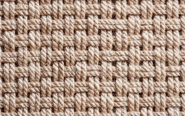 Close-up of a woven texture with natural beige fibers, showcasing intricate patterns and detailed craftsmanship. Ideal for backgrounds and textile themes.