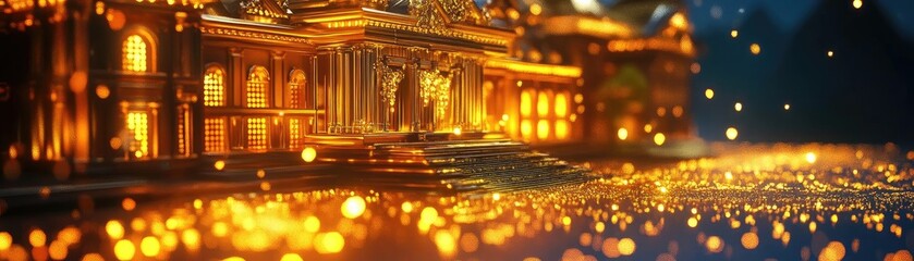 Obraz premium A majestic building illuminated at night, surrounded by shimmering lights creating a magical atmosphere.