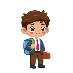 A cute cartoon schoolboy with a blue backpack and red lunchbox, dressed in a uniform, standing on a white background. Concept of education. Vector illustration