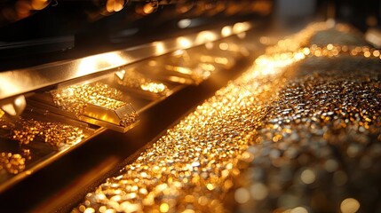 Shiny gold bars and coins stacked beautifully, reflecting light in a luxurious display of wealth and prosperity.