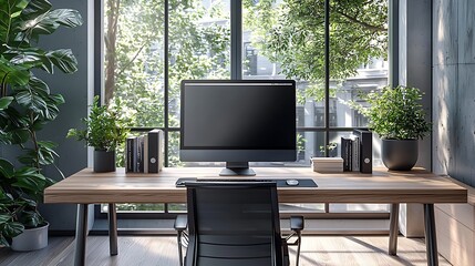 Fototapeta premium A modern home office desk with a computer and plants creates a balanced, serene workspace.