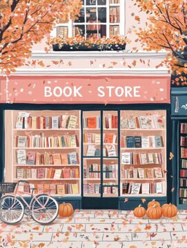 Charming Autumn Bookstore, vibrant bookstore front adorned with BOOK STORE sign, bicycle outside, window display of books, small pumpkins, autumn leaves, whimsical folk art style
