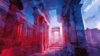 Obraz premium A surreal blend of ancient architecture with vibrant colors, creating a dreamlike atmosphere in a mystical ruin.