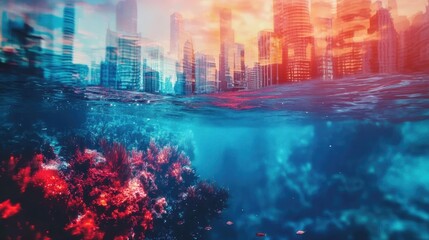 A stunning view of an underwater world merging with a vibrant cityscape, showcasing beauty and contrast in nature and urban life.