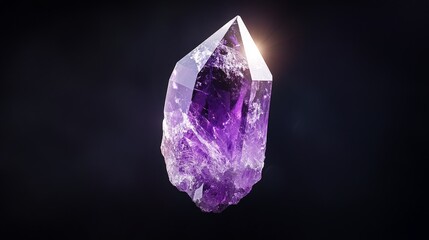 Glistening Purple Amethyst Against Dark Canvas, a striking close-up of a single amethyst crystal, showcasing its vibrant color and intricate facets in a minimalist setting.