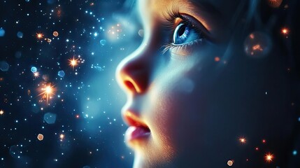A close-up portrait of a child gazing upward amidst a mystical starry background, capturing curiosity and wonder.