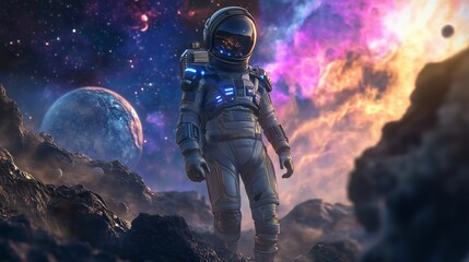 An astronaut in a high-tech suit stands on a rocky planet under a starry sky, embracing exploration.