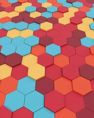 A vibrant mosaic of colorful hexagons fills the background