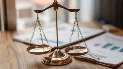 Legal scales balanced perfectly, with business documents in the background