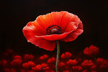 A red poppy flower is the main focus of the image, surrounded by other red flowers. Scene is one of beauty and serenity, as the red flowers create a peaceful and calming atmosphere