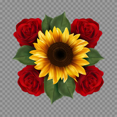 The floral composition with sunflower and four red roses. Beautiful festive bouquet. Summer decor for a holiday design.