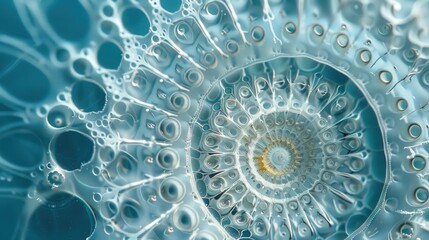 Magnified view of a diatom, showcasing the intricate silica shell and unique patterns of this microscopic algae