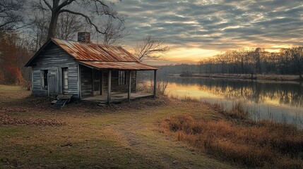 A rustic wooden cabin with a rusted tin roof stands by the edge of a calm lake. The cabin has a weathered appearance, with peeling paint and broken windows. There's a small porch at the front with old