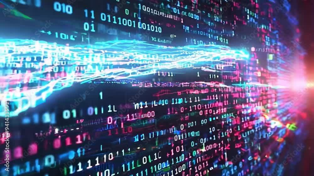 Poster a vibrant display of flowing binary code and luminous particles in a futuristic, digital landscape s