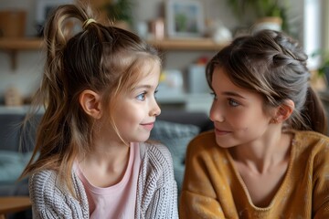 Naklejka premium Two Young Girls Sharing a Moment of Connection in a Cozy Indoor Setting