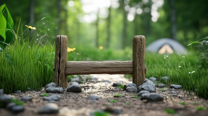 Fototapeta premium Dirt path leading to a campsite in pine forest, rustic and inviting