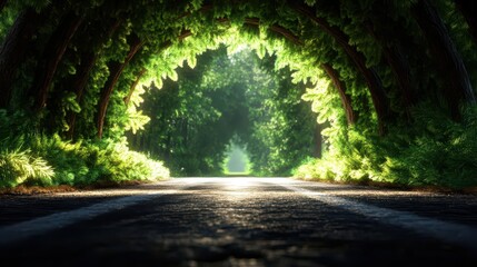 Country road with pine trees arching overhead, forming a natural tunnel