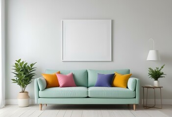 A modern living room with a mint green sofa, colorful throw pillows, and a blank white frame on the wall.