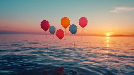 Fototapeta premium Colorful Balloons Floating on a Serene Lake at Sunset