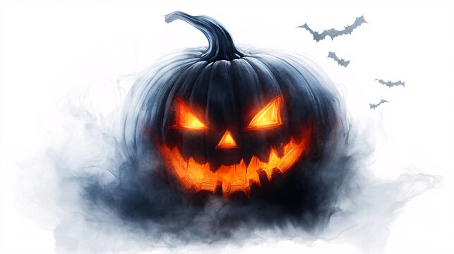 Spooky Halloween Clipart, A Grinning Jack-o'-lantern With Glowing Eyes And A Jagged Smile, Surrounded By Misty Fog And Tiny Bats, Isolated On A White Background,