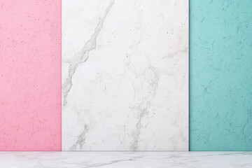 Fototapeta premium Abstract textured wall with pastel pink, white marble, and turquoise panels. Ideal for backgrounds, design inspiration, and creative projects.