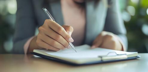 close up businesswoman hand writing content or somethings on notebook