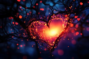 A glowing heart shape surrounded by ethereal branches and bokeh lights, symbolizing love and warmth in a mystical setting.