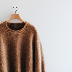 Hanger with stylish brown sweater on white wall. Space for text