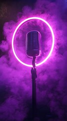 A neon light ring behind an old-style microphone, surrounded by smoke and mist, with vibrant purple lighting, in a photorealistic style