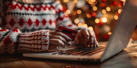 During the Christmas season, a woman in a cozy festive sweater is joyfully using her laptop and credit card to browse online for holiday gifts, embracing the convenience of digital shopping