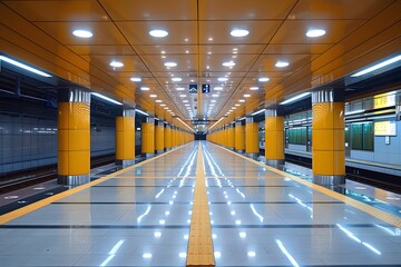 Modern Subway Station with Bright Yellow Accents and Reflective Surfaces