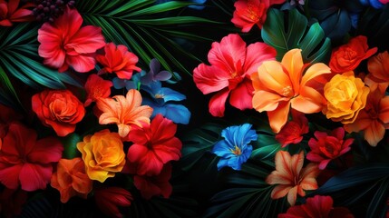 A vibrant arrangement of colorful flowers amidst lush foliage, creating a stunning and eye-catching botanical display.