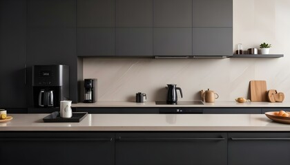 Fototapeta premium A modern kitchen with a sleek, minimalist design. The countertop is made of a light-colored material.