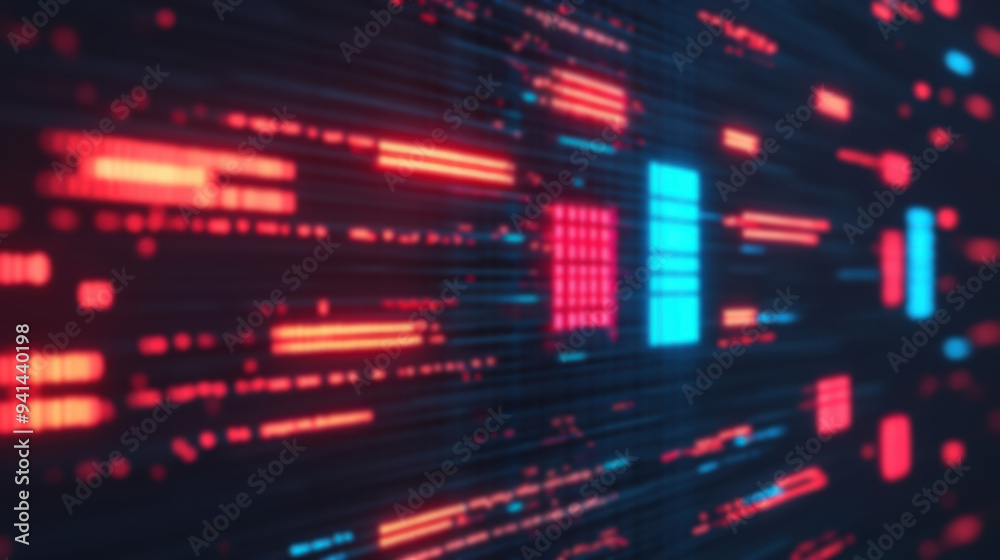 Poster abstract digital data visualization with glowing lines and grid patterns in blue and red. perfect fo