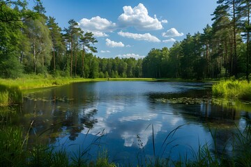 Fototapeta premium Serene Lakeside View Surrounded by Lush Greenery and Blue Skies