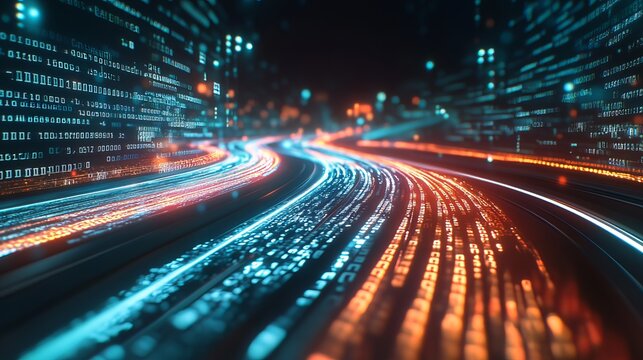 Digital data streams like a river of ones and zeros, flowing through a digital highway. A conceptual image depicts this data flow as a series of binary digits speeding along a virtual roadway. 
