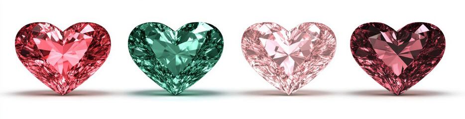 Fototapeta premium A row of four heart-shaped gemstones in different colors, including pink, green, and red, displayed on a white background. 