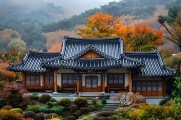 Fototapeta premium Serene Autumn Scene of a Traditional Asian House Surrounded by Vibrant Foliage
