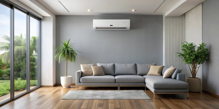 Modern living room with AC splitter , modern, living room, interior design, contemporary, furniture, air conditioner, technology