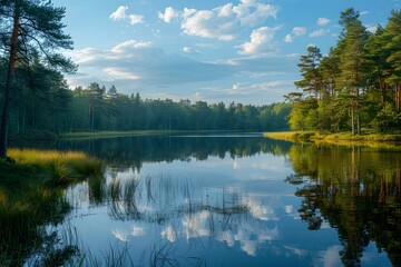 Obraz premium Serene Lakeside View with Reflections of Trees and Sky