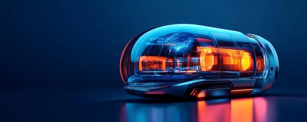 Innovation in Transportation, holographic vehicle prototypes, modern transport hub, deep blue and neon orange, futuristic innovation