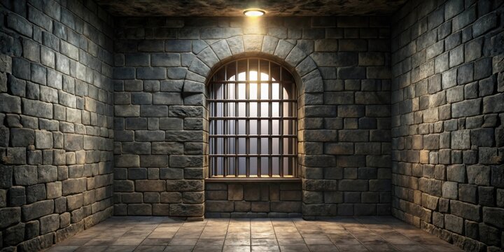 Dark and eerie medieval dungeon cell with a single barred window , medieval, dungeon, cell, dark, damp, stone, wall