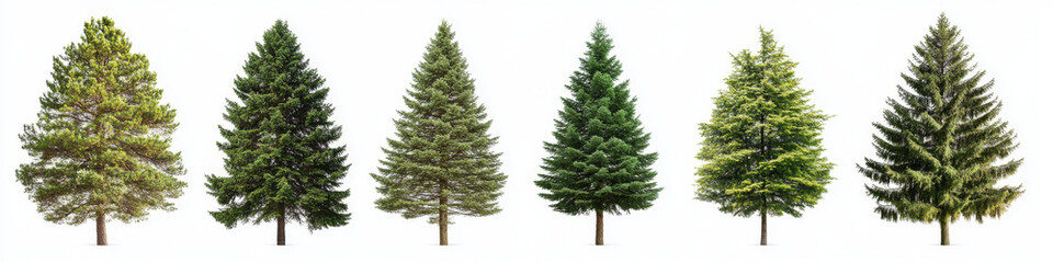 Fototapeta premium Set of different tree species, showcasing their unique shapes and foliage, isolated against a white background. 