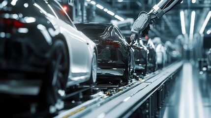 Fototapeta premium Automated Factory Assembly Line with Robotic Workers Producing Automotive Components
